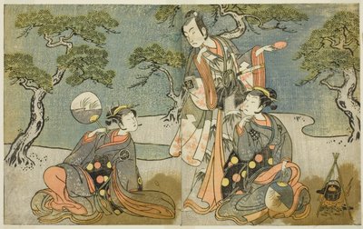 The Actors Nakamura Nakazo I as Matsukaze, Ichikawa Komazo II as Ariwara no Yukihira, and Iwai Hanshiro IV as Murasame (in the Play Kuni no Hana Ono no Itsumoji, Performed at the Nakamura Theater in the Eleventh Month, 1771) by Katsukawa Shunsho