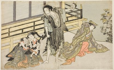 The Actors Nakamura Noshio I as Nyosan no Miya, Ichikawa Danjuro V as the Renegade Monk Yochin, and Yamashita Kinsaku II as the Maid Mutsuhana, in the Play Fuki Kaete Tsuki mo Yoshiwara, Performed at the Morita Theater by Katsukawa Shunsho