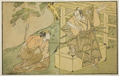 The Actors Onoe Matsusuke I as Akaboshi Taro and Azuma Tozo II as Shirotae, in the Play Kono Hana Yotsugi no Hachi no Ki, Performed at the Ichimura Theater in the Eleventh Month, 1771 by Katsukawa Shunsho