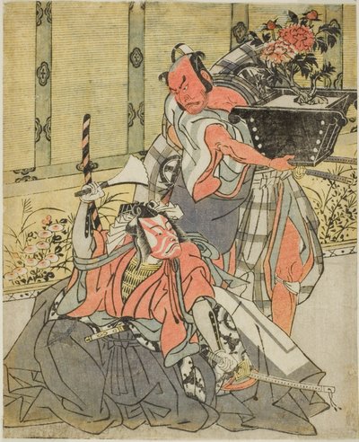 The Actors Otani Hiroemon III as Shinagawa Okaminosuke (right), and Ichikawa Danjuro V as Arashishi Otokonosuke (left), in the Play Fuki Kaete Tsuki mo Yoshiwara (Rethatched Roof: The Moon also Shines Over the Yoshiwara Pleasure District) by Katsukawa Shunsho