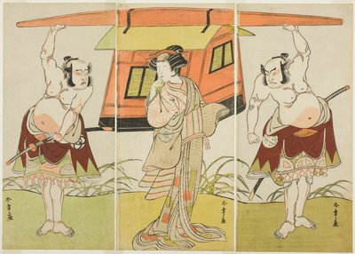 The Actors Otani Hiroji III as Yokambei, Nakamura Tomijuro I as Kuzunoha, and Bando Mitsugoro I as Yakambei, in the Last Scene from the Play Shinodazuma, Performed as a Supplement to the Play Kikyo-zom by Katsukawa Shunsho