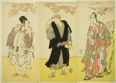 The Actors Sawamura Sojuro III as Kusunoki Tatewaki Masatsura, Onoe Matsusuke I as the Monk Sahei Bozu and Ichikawa Yaozo III as the Prince
