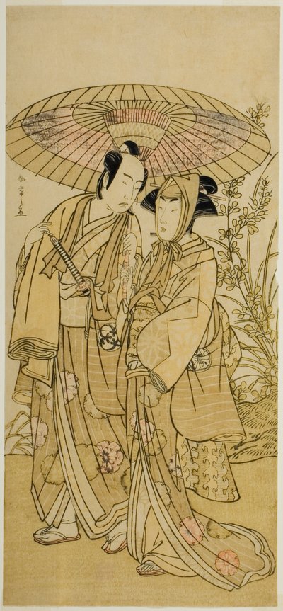 The Actors Segawa Kikunojo III as Ochiyo, and Bando Mitsugoro I as the Greengrocer Hambei, in the Play Kabuki no Hana Bandai Soga, Performed at the Ichimura Theater in the Fourth Month, 1781 by Katsukawa Shunsho