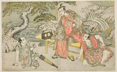 The Actors Tomizawa Hanzaburo II as Nagoya Sanzaemon, Nakamura Juzo II as Fuwa Banzaemon, and an Unidentified Actor as the Pickpocket Matsumoto Daishichi, in the Play Fuki Kaete Tsuki mo Yoshiwara by Katsukawa Shunsho