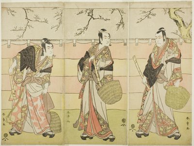 Three Komuso Monks: The Actors Ichikawa Ebizo (Danjuro V) as Kudo Suketsune (right), Ichikawa Monnosuke II as Soga no Juro Sukenari (center), and Ichikawa Omezo I as Soga no Goro Tokimune (left), in Act Six of the Play Waka Murasaki Edokko Soga by Katsukawa Shunsho