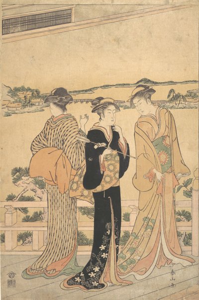 Three Women on a Veranda Overlooking a Bay, late 19th century by Katsukawa Shunzan