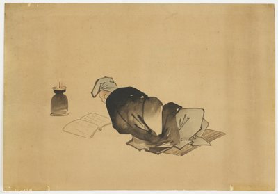 Reclining Man Reading by Lamplight by Katsushika (school of) Hokusai