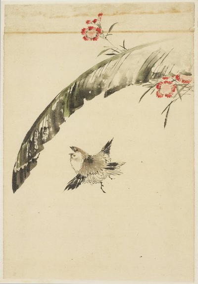 Sparrow and Banana Leaf and Pinks by Katsushika (school of) Hokusai
