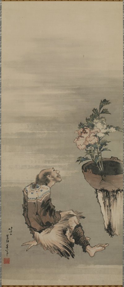 A Seated Man Looking at Potted Peonies, Edo period by Katsushika Hokusai
