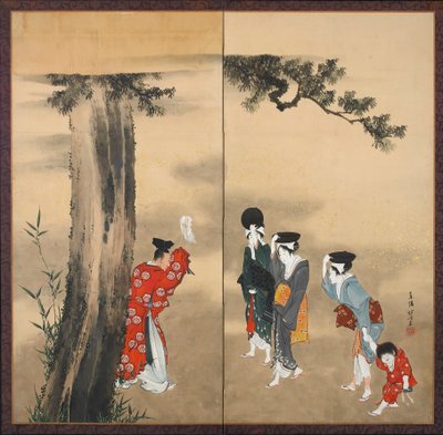 A Shinto Priest, Three Women and a Child, Edo Period by Katsushika Hokusai
