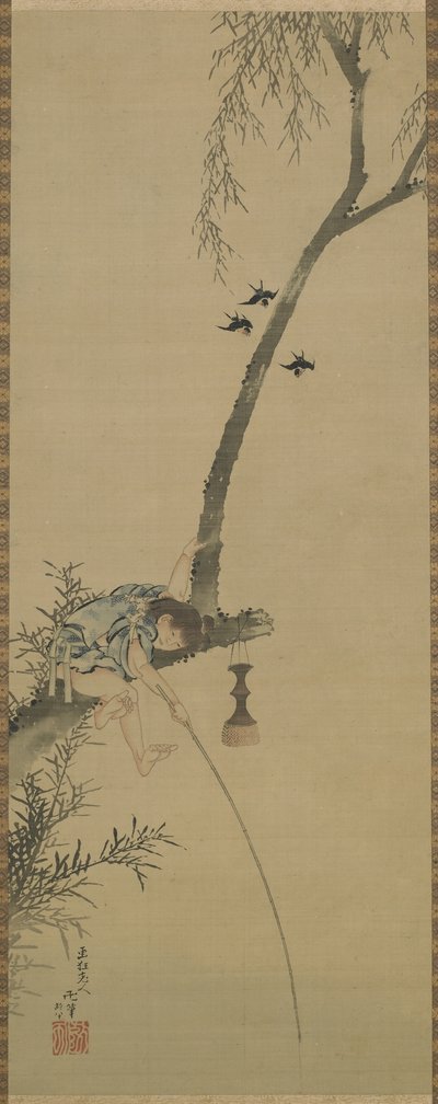 A boy fishing from the limb of a tree, Edo period by Katsushika Hokusai