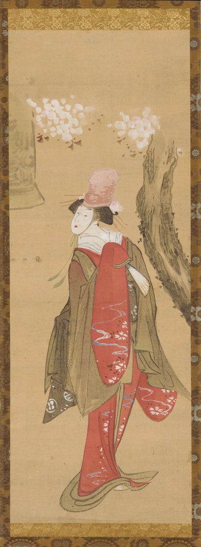 A dancer, Kiyohime, a cherry tree and the bell of Dojo-ji by Katsushika Hokusai
