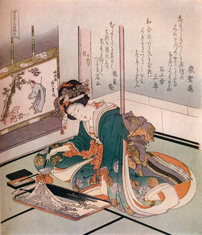 A woman making a miniature model of Mount Fuji by Katsushika Hokusai