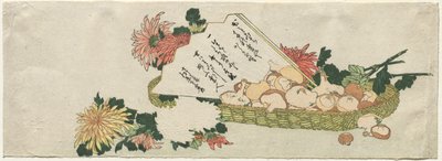 Basket with Fan, Chrysanthemums, and Mushrooms, early 1800s by Katsushika Hokusai