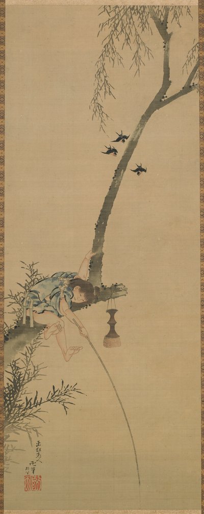 Boy fishing from the limb of a tree by Katsushika Hokusai