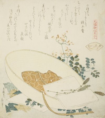 Freshly-Picked Flowers in a Traveler’s Hat, Illustration for The Thousand-grasses Shell by Katsushika Hokusai