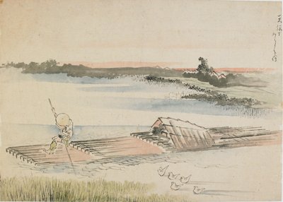 Landscape: Boatman Poling His Raft by Katsushika Hokusai