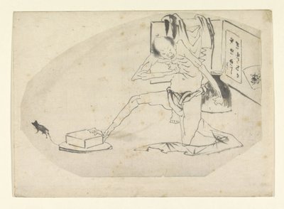Man in Loincloth, a Box, and a Mouse by Katsushika Hokusai