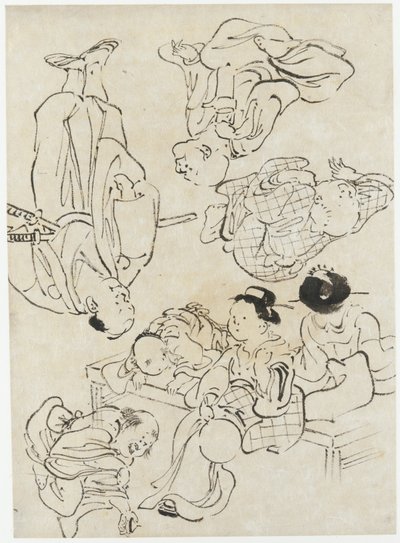 Miscellaneous Figures: Summer Pleasures, Figures Seated on the Verandah and Samurai, Edo Period by Katsushika Hokusai