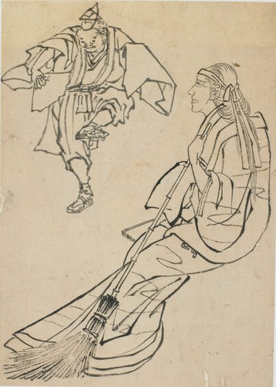 Old Woman Seated on Bench Before Whom a Man with Fan Dances by Katsushika Hokusai