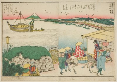 Pages from the illustrated book "Panoramic Views along the Banks of the Sumida River" by Katsushika Hokusai