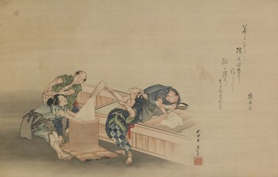Pounding Rice for Mochi, inscribed by Momomoto Hinamaro by Katsushika Hokusai