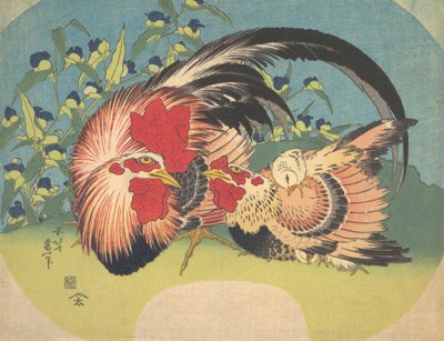 Rooster, Hen and Chicken with Spiderwort by Katsushika Hokusai