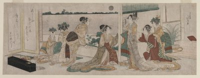 Tsukasa and Other Courtesans Watching the Autumn Moon Rise Over Rice Fields by Katsushika Hokusai