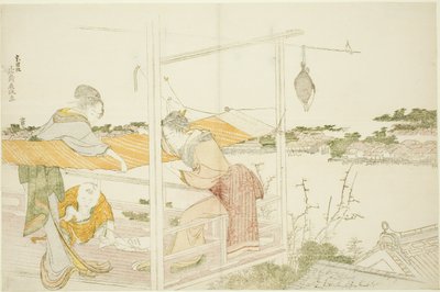 Women on a Veranda Stretching Cloth to Dry by Katsushika Hokusai