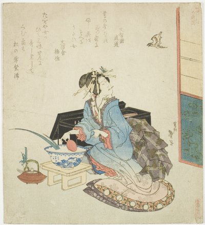 Geisha looking up at a cuckoo, from the series "Five Annual Festivals for the Katsushika Circle" by Katsushika Taito II