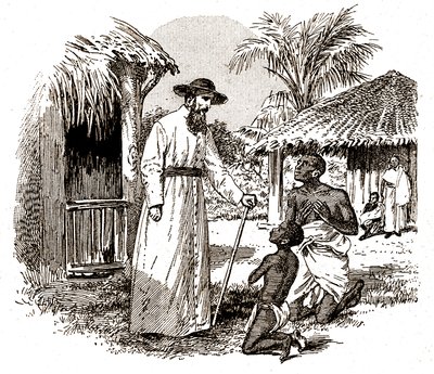 A Catholic missionary in Africa practicing a conversion on a child and his father by Alec Hunter