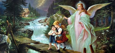A Guardian Angel Protects Two Children Crossing a River on an Old Wooden Bridge, Early 20th Century by Alec Hunter