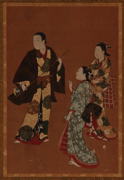A Man, Possibly an Actor, and Two Girls, Edo Period, 18th Century by Kawamata Tsuneyuki