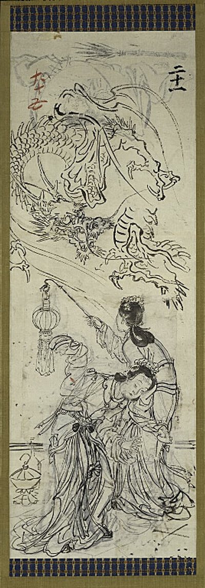 Two Chinese Women with Dragon, One of Six Sketches by Kawanabe Kyosai