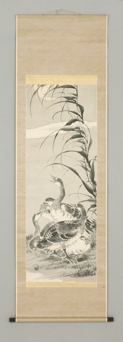 Geese in Landscape with Moon by Kazan Watanabe
