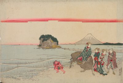 Woman on a Buffalo, Child and Three Passersby by the Sea with Enoshima Island in the Background by Keisai Eisen