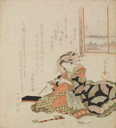 Courtesan Writing on Luxurious Paper / Courtesan Holding Tanzaku by Keisai Eisen