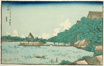Toeizan Temple Seen from Shinobazu Benten Shrine in Edo, from a series of famous places in Edo with frames of Western letters by Keisai Eisen