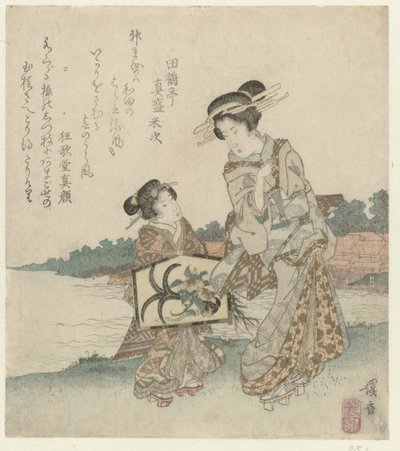 Woman and Servant with Temple Gift by Keisai Eisen