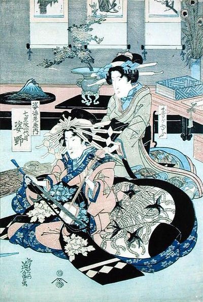 Two Seated Ladies, One Playing the Samisen by Keisai Yeisen