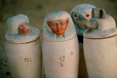 Canopic jars of Pakerdemamon with stoppers of the four sons of Horus, Hapy, Duamutef, 2002 by Kenneth Garrett
