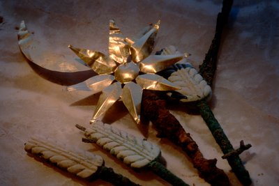 Gold sun and moon with wheat sticks, artifacts, Oxus Civilization, Turkmenistan, Gonor Depe site, 2004 by Kenneth Garrett