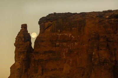 Moonset and sunrise, Temple of Taharka, Ram Gate, Gebel Barkal, Temple Complex, Pharaoh Taharka, 2007 by Kenneth Garrett