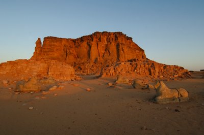 Moonset and sunrise, Temple of Taharka, Ram Gate, Gebel Barkal, Temple Complex, Pharaoh Taharka, 2007 by Kenneth Garrett