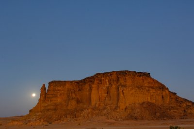 Moonset and sunrise, Temple of Taharka, Ram Gate, Gebel Barkal, Temple Complex, Pharaoh, 2007 by Kenneth Garrett