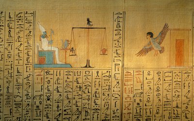 Papyrus from the tomb of Maiherpri; Valley of the Kings; Ba leaving tomb; weighing of the heart by Kenneth Garrett