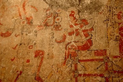 Priest crowning the king on the accession throne, Early Pre-classic mural, Maya by Kenneth Garrett