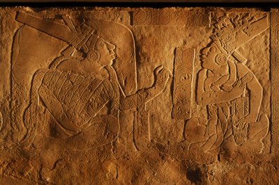 Temple 19 throne bench, Palenque, Mexico, carving of Akhal Mo Nab, 2005 by Kenneth Garrett