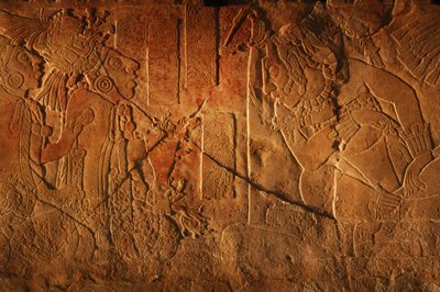 Temple 19 throne bench, Palenque, Mexico, carving of Akhal Mo Nab by Kenneth Garrett