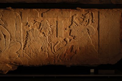 Temple 21 throne bench, carving of king Akhal Mo Nab, Palenque, Mexico, 2005 by Kenneth Garrett
